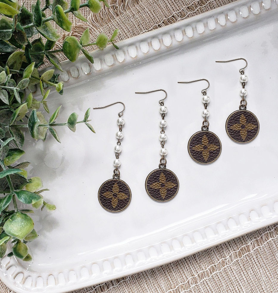 Upcycled Louis Vuitton Double-Sided Pearl Bronze Drop Bezel Earrings