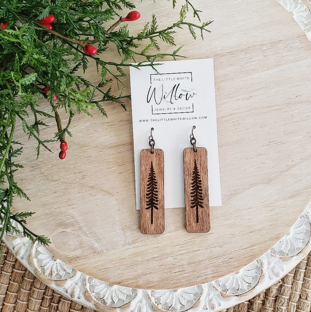 Wood Engraved Tree Bar Earrings