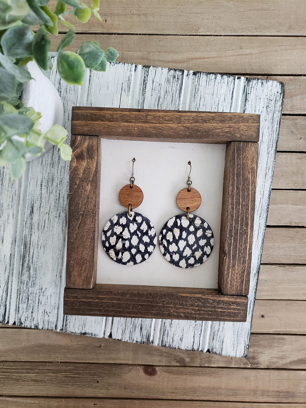 Black and White Double Stack Leather and Wood Earrings
