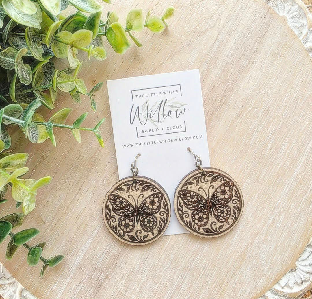 Round Engraved Butterfly Wood Earrings