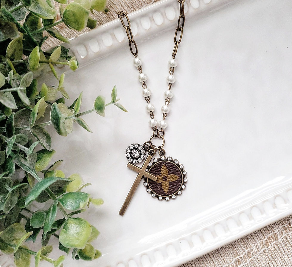 Upcycled Louis Vuitton Pearl Cross Pendant Charm Necklace