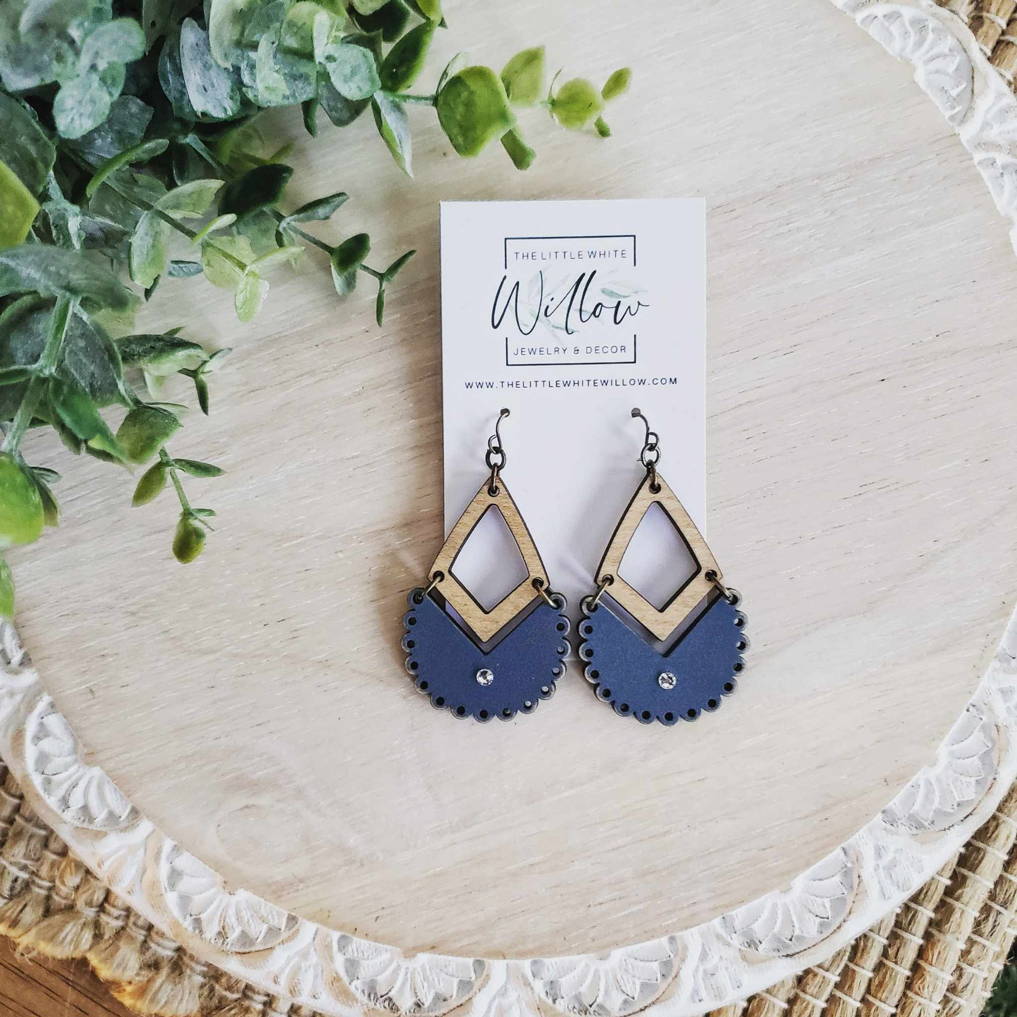 Distressed Navy Stacked Lace With Crystal Wood Earrings