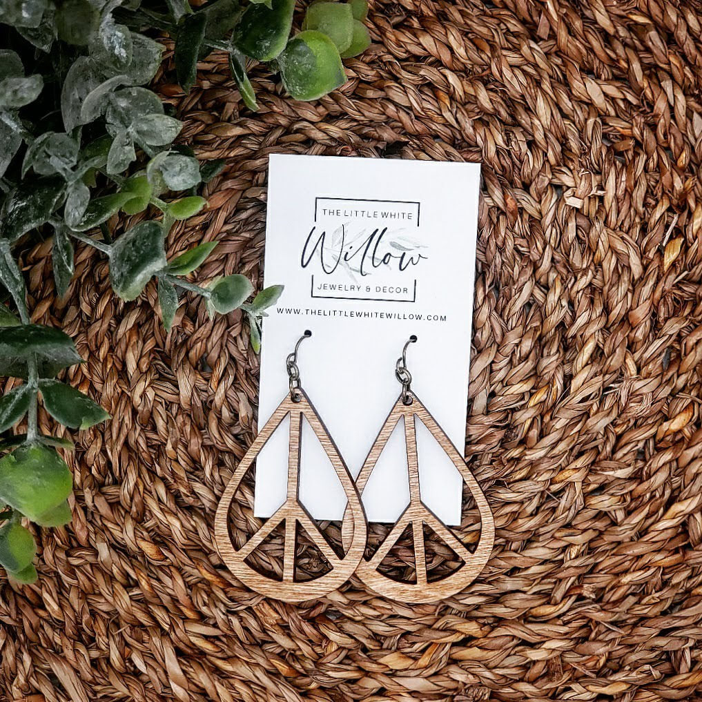Peace Teardrop Wood Earrings