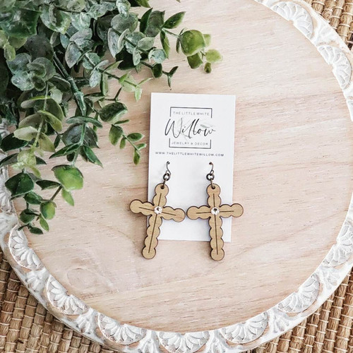 Wood Cross Earrings With Crystal TheLittleWhiteWillow