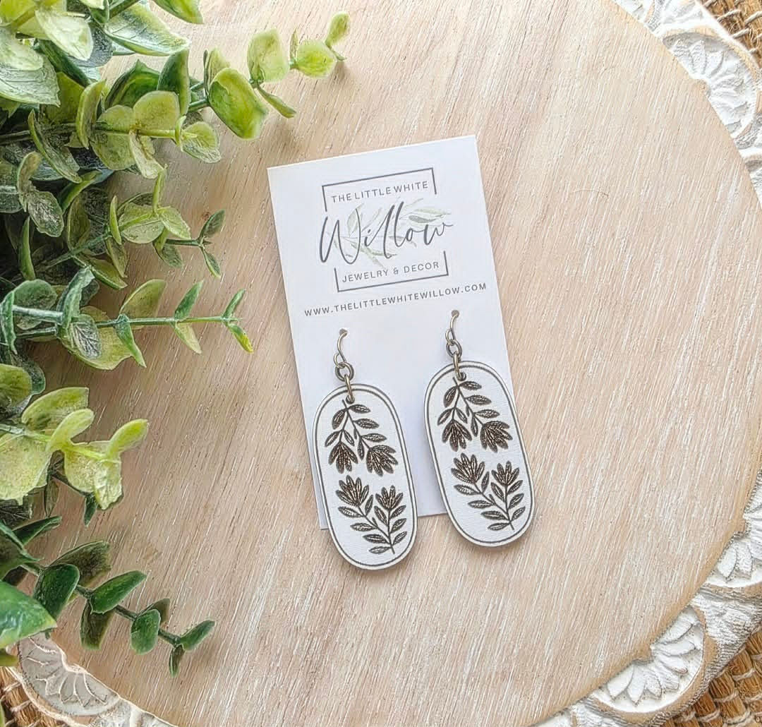 Distressed White Oval Vintage Floral Earrings