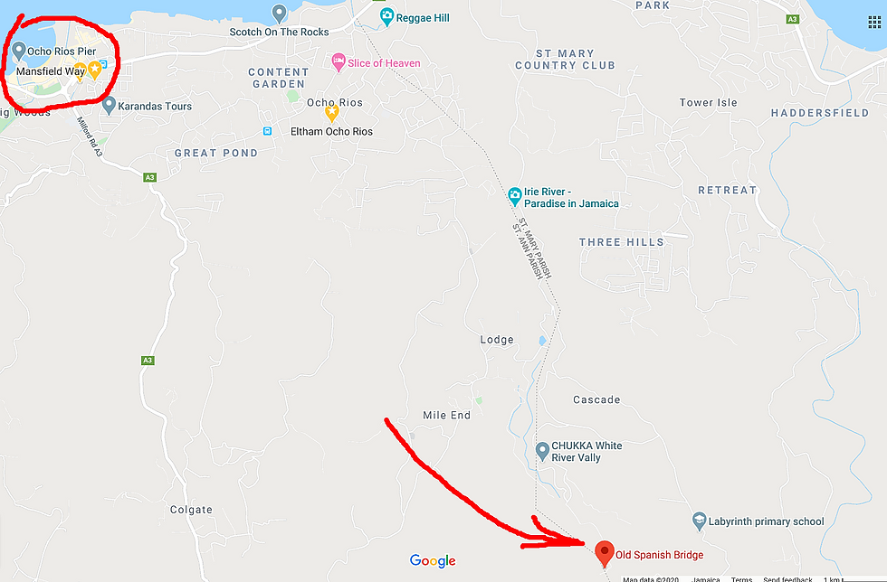 Google map of Ocho Rios, Jamaica, with a red circle around Ocho Rios Pier and an arrow pointing to Old Spanish Bridge.