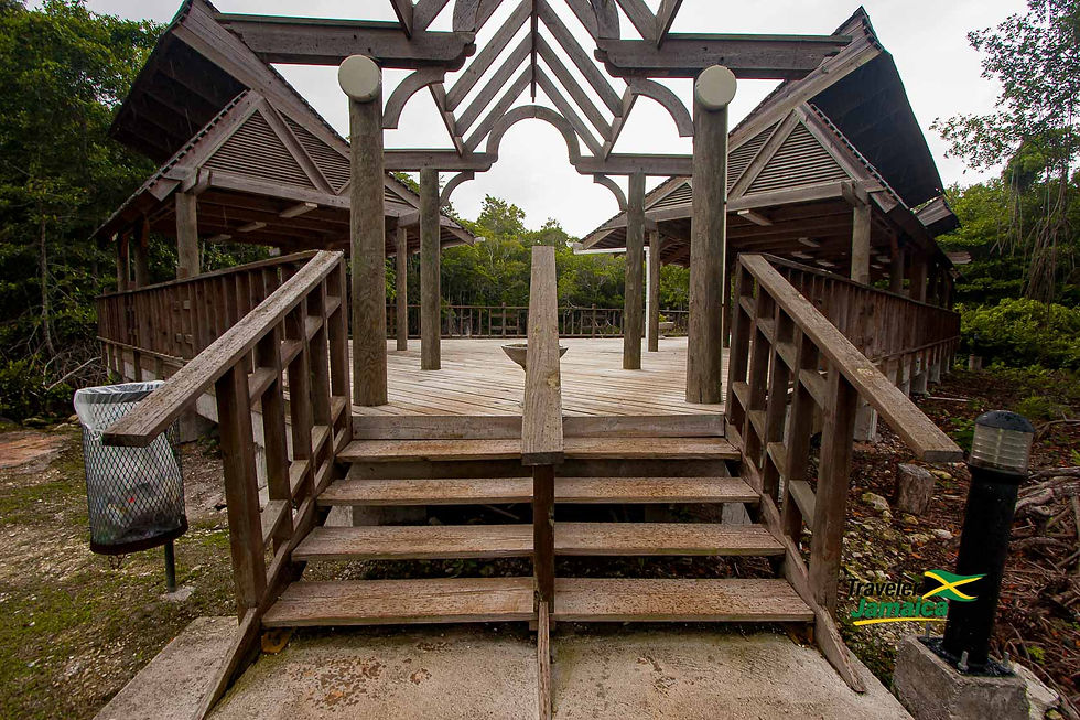 Wooden pavilion deck with stairs in a tropical forest, framed by railings and posts; Traveler Jamaica logo at bottom right.