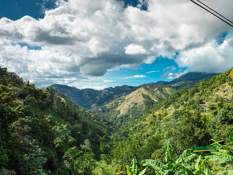 Lush green mountain valley under big white clouds and blue sky, with power lines and Traveler Jamaica watermark.
