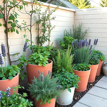 minimal but Lush garden in the suburbs .a woman is growing her own herbs .jpg