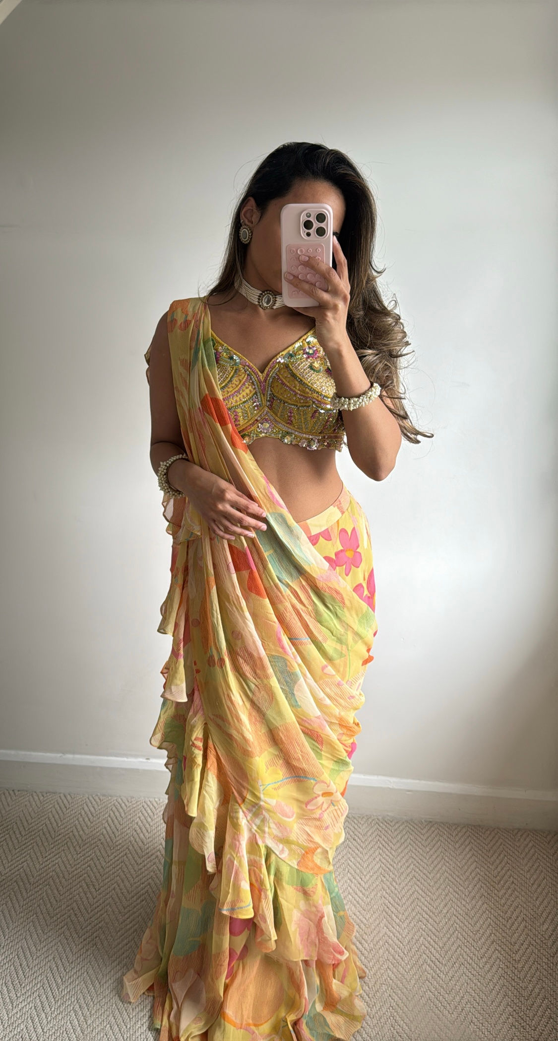 Yellow Floral Pre Draped Saree