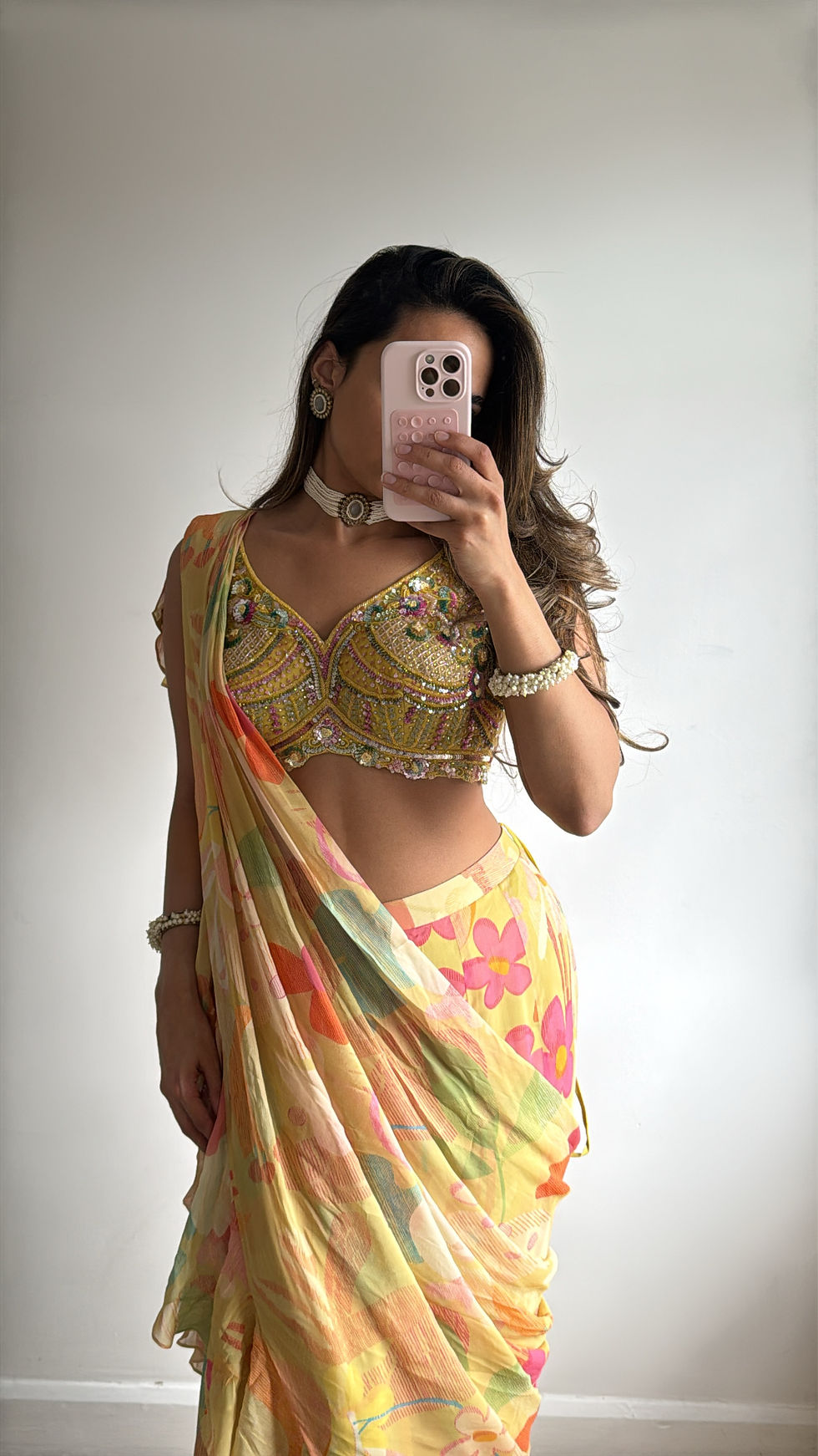 Thumbnail: Yellow Floral Pre Draped Saree