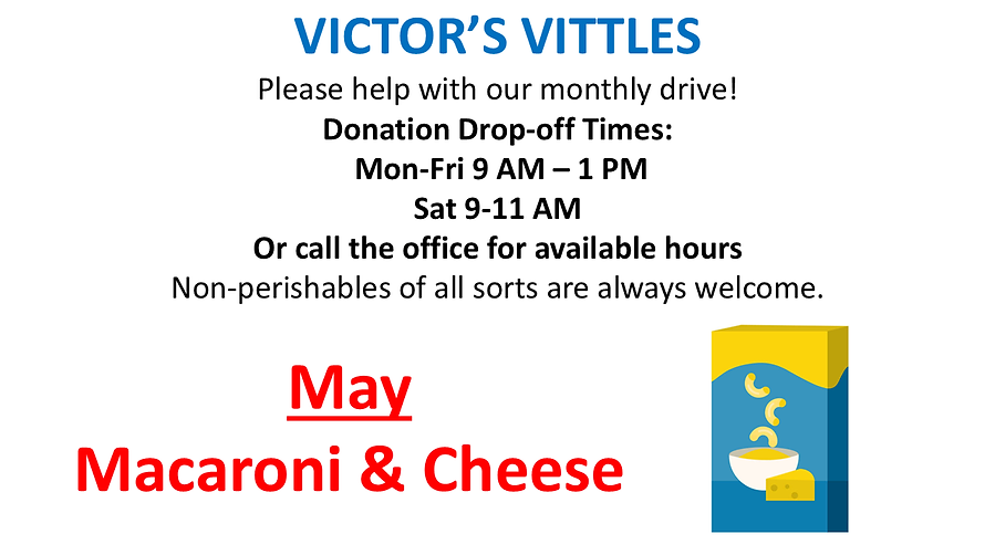 Monthly Victor's Vittles Drive May 26 MAC&CHEESE.png