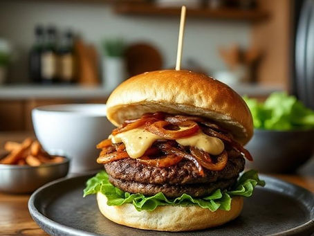 Rustic Bison Burger with Whiskey-Caramelized Onions & Smoky Mustard Aioli