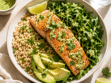Salmon Arugula Brown Rice Bowls with Cilantro Lime Dressing