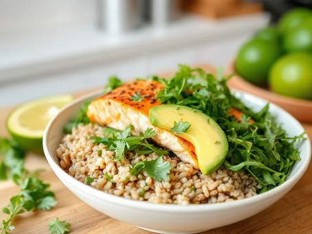 Salmon Arugula Brown Rice Bowl with Cilantro Lime Dressing