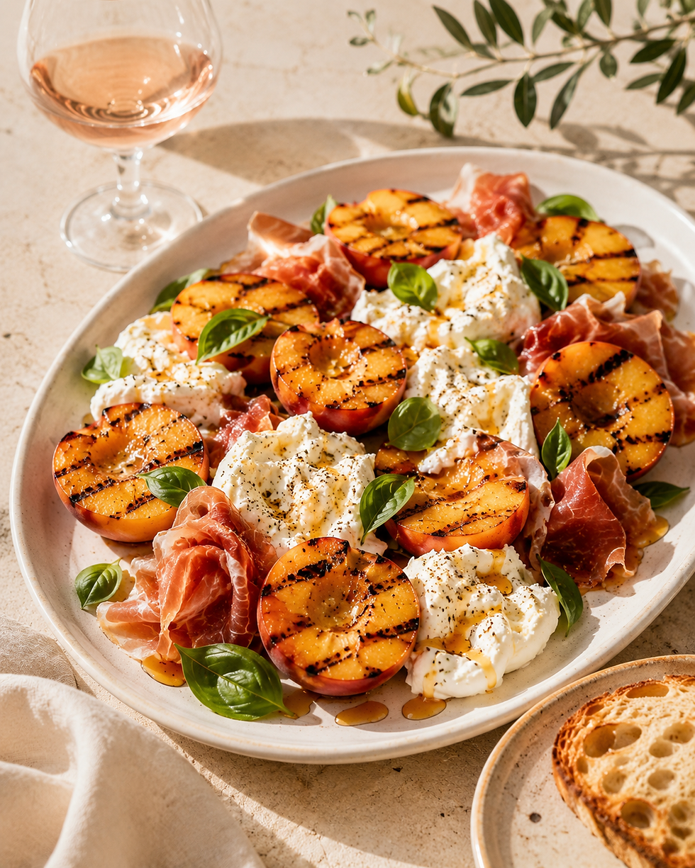 Grilled Peaches with Burrata, Prosciutto & Hot Honey