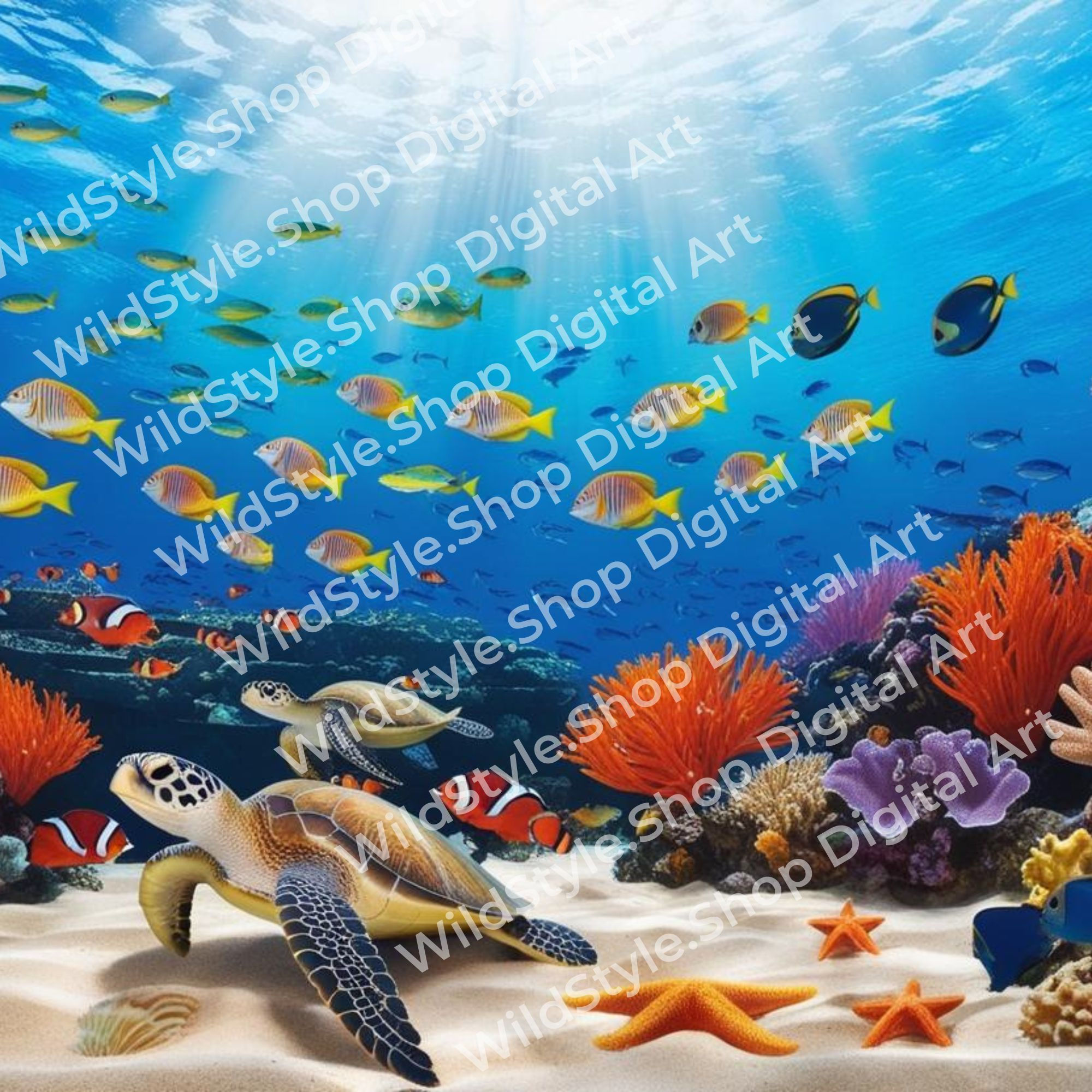 Vibrant sea life digital art with tropical fish, sea turtles, and coral reef—high-resolution PNG download from WildStyle.Shop