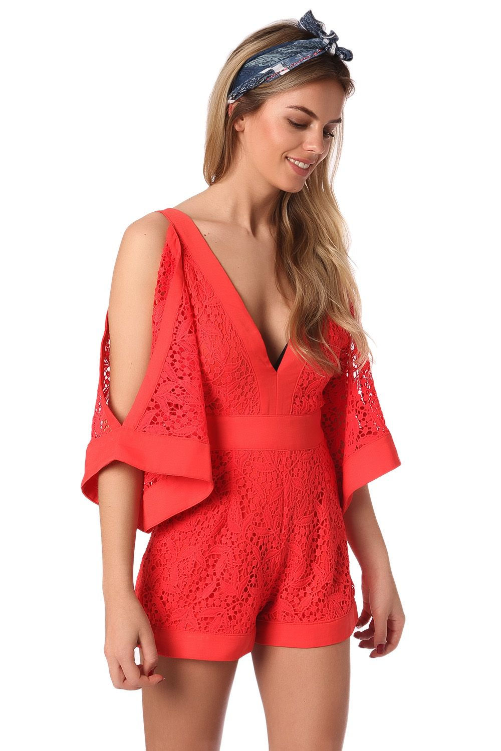 Orange Eyelash Lace Romper With Cold Shoulder Detail