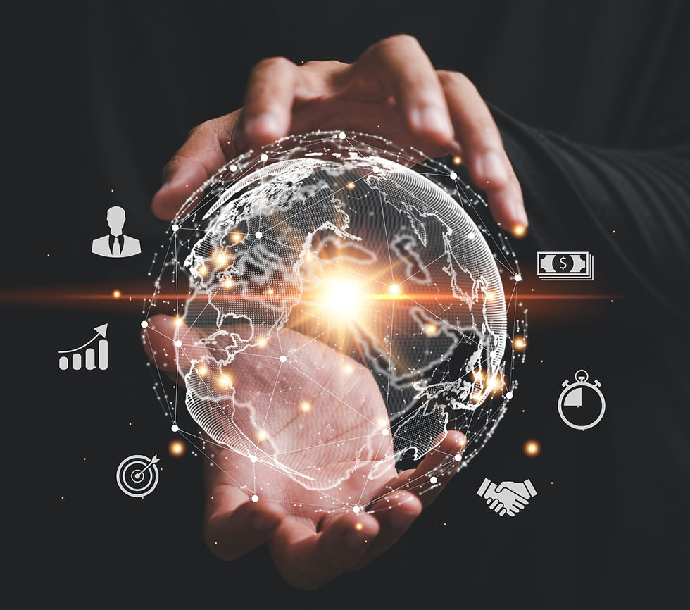 Hands holding a glowing digital globe with business icons (currency, stopwatch, handshake) on a dark background, conveying innovation.