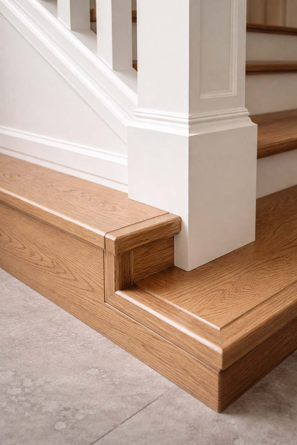 Close-up detailed shot of intricate white custom cabinetry meeting a complex oak staircase and light oak hardwood flooring, showcasing precision joinery in a luxury custom home.
