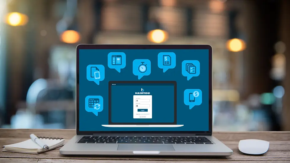 Laptop displaying a construction management platform dashboard, representing the systems, transparency, and technology behind the Frazier Homes custom home building process.