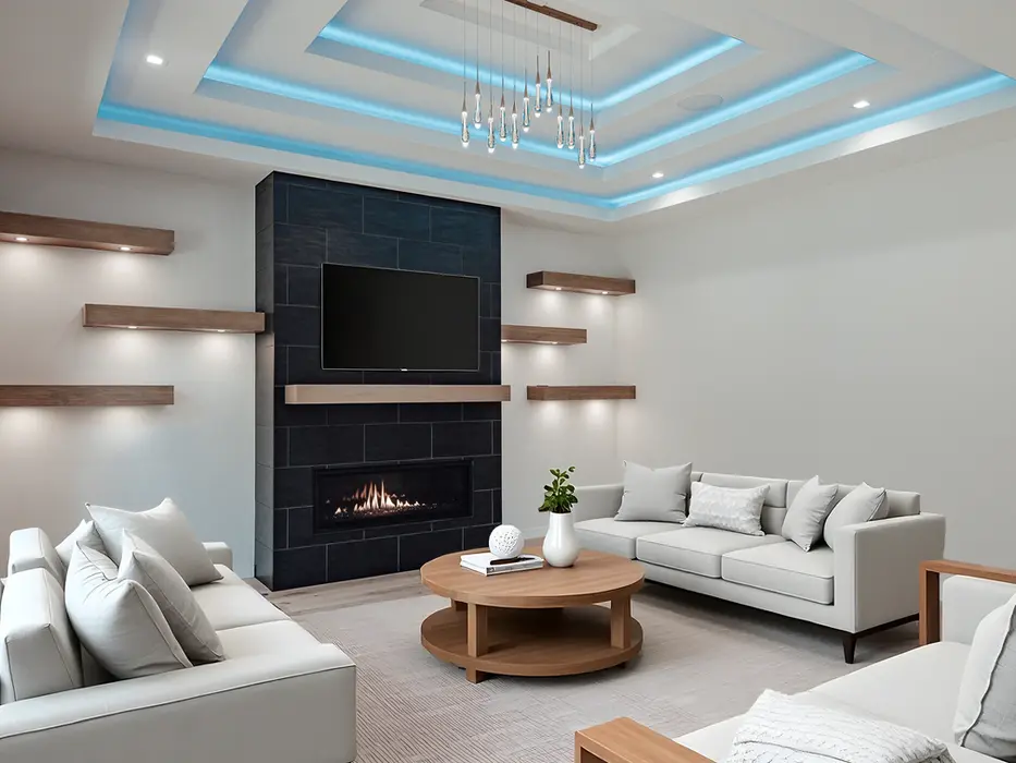 Modern luxury living room in Montgomery, Ohio featuring linear gas fireplace, dark tile accent wall, floating wood shelves, tray ceiling with LED lighting, and contemporary seating by Frazier Homes.