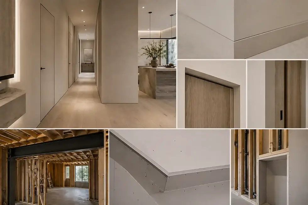Collage showing sleek minimalist interior details like flush baseboards and concealed doors alongside construction scenes with framing, drywall work, and steel beam installation in a custom home.