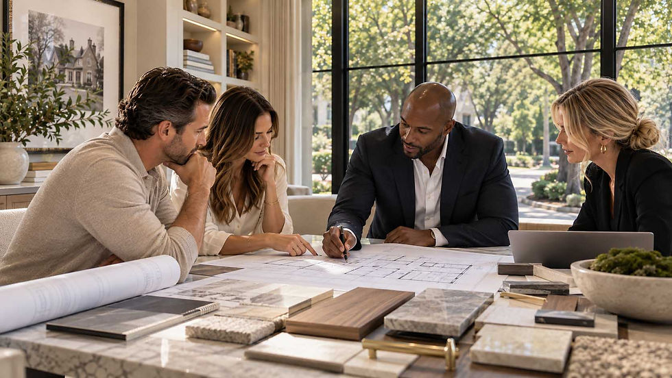 Homeowners, builder, and designer reviewing architectural plans and material selections together during a luxury custom home planning meeting.