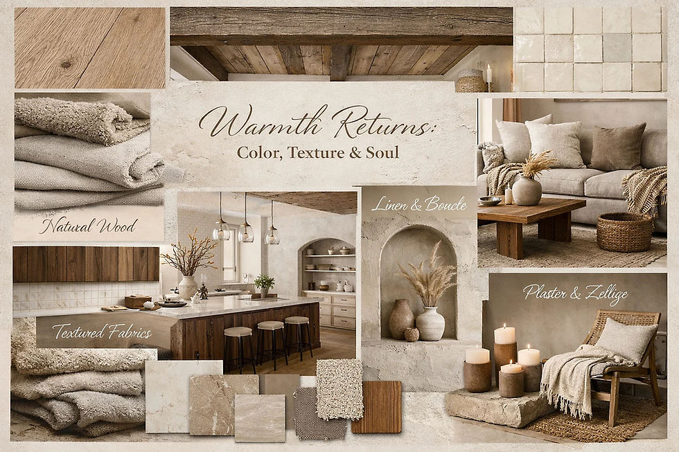 2026 interior design trends featuring natural wood, linen and bouclé fabrics, plaster and zellige textures, and warm neutral palettes in a thoughtfully designed custom home interior by Frazier Homes.