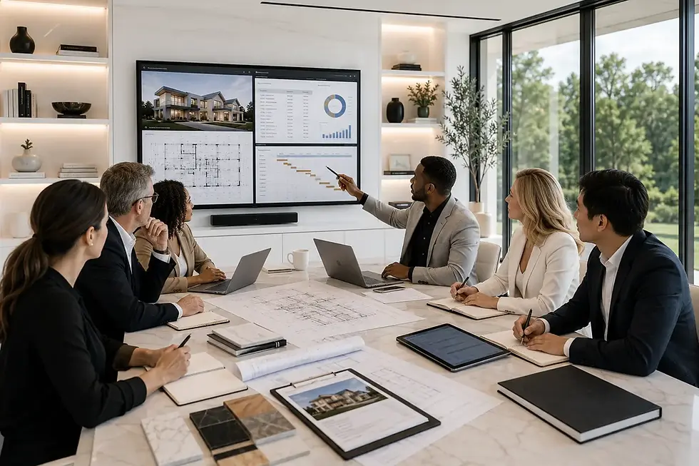 Modern white luxury office conference room with a diverse team reviewing architectural plans, construction schedules, budgets, and custom home design details during a high-level project coordination meeting.