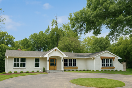 Exterior remodel of a ranch-style home in Montgomery, Ohio by Frazier Homes featuring a fresh white façade, wood accents, and modern curb appeal.