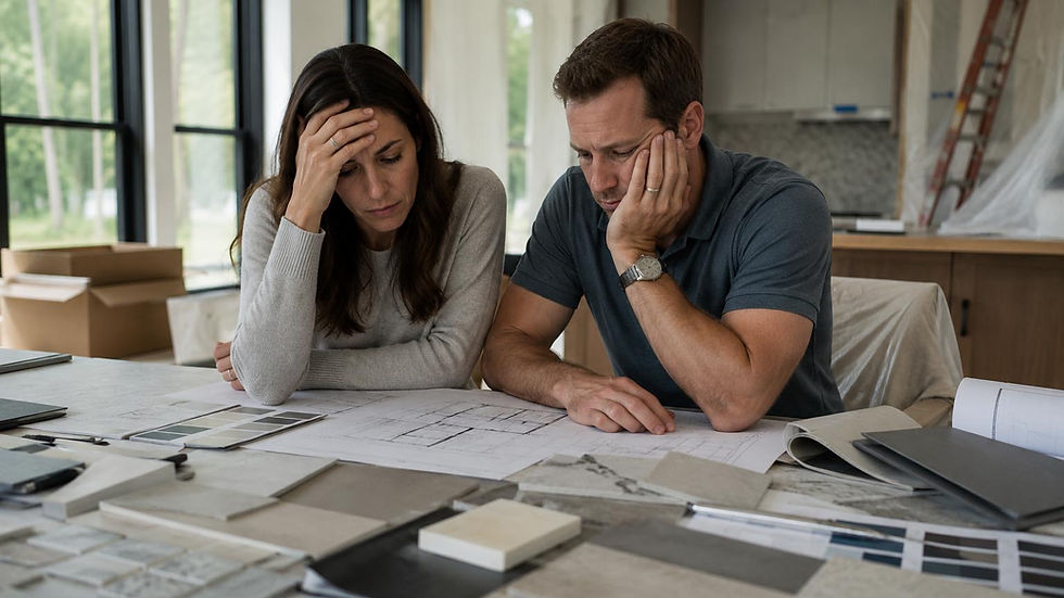 Homeowners reviewing architectural plans and material selections during a luxury custom home build, reflecting the decisions and emotional challenges involved in the construction process.