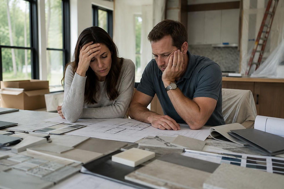 Homeowners reviewing architectural plans and material selections during a luxury custom home build, reflecting the decisions and emotional challenges involved in the construction process.