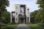 Modern luxury custom home exterior by Frazier Homes featuring clean architectural lines, natural stone, warm wood accents, and intentional design that demonstrates why price per square foot is a misleading measure of true home value.
