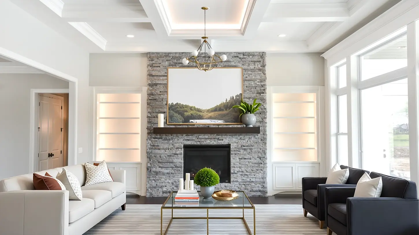 Luxury main living room by Frazier Homes featuring a stone fireplace, custom mantle, coffered ceiling, hardwood floors, and large picture windows.