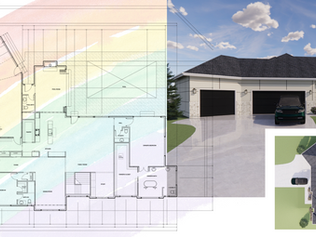 A detailed visual representation of a custom home by Frazier Homes, featuring a modern exterior design with a sleek black garage, stone accents, and a covered entryway. The image also includes a color-enhanced architectural blueprint overlay, showcasing the home's spacious layout, pool area, and outdoor living space. A top-down rendering provides a bird’s-eye view of the home’s roofline, landscaping, and driveway, emphasizing the thoughtful design and functionality of this fully custom build.