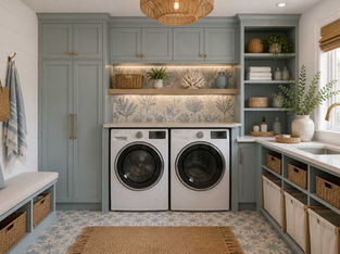 Luxury coastal laundry room with head-on front-loading washer and dryer, soft blue custom cabinetry, botanical wallpaper, decorative tile flooring, woven lighting, open shelving, integrated storage, and high-end finishes designed for both beauty and functionality.