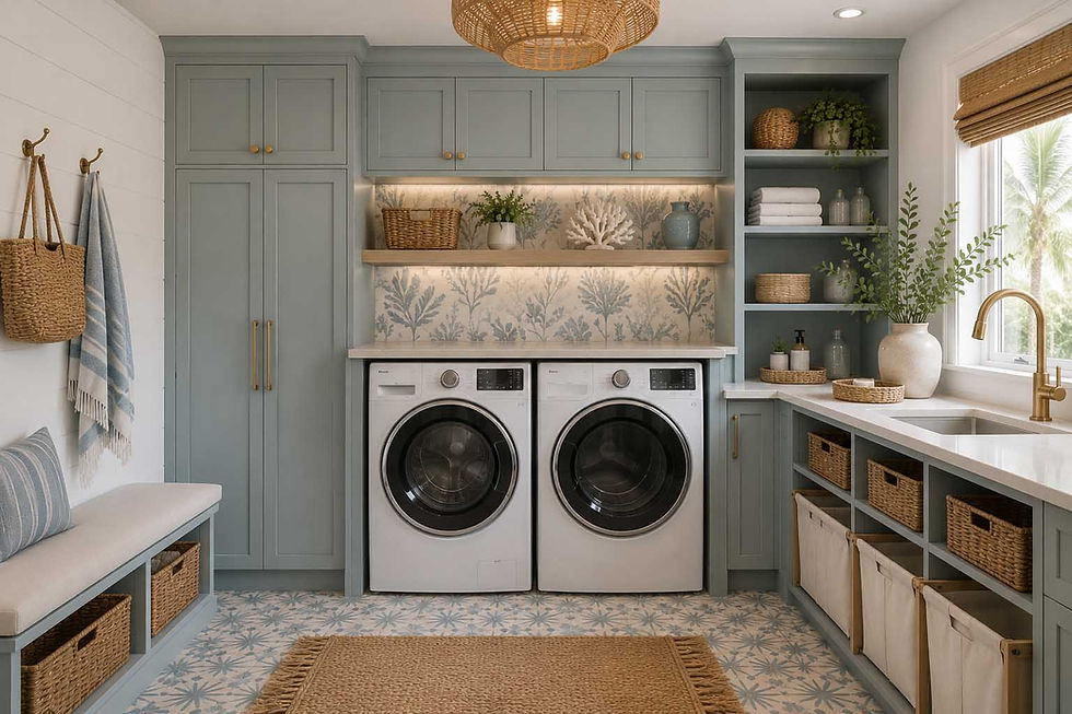 Luxury coastal laundry room with head-on front-loading washer and dryer, soft blue custom cabinetry, botanical wallpaper, decorative tile flooring, woven lighting, open shelving, integrated storage, and high-end finishes designed for both beauty and functionality.
