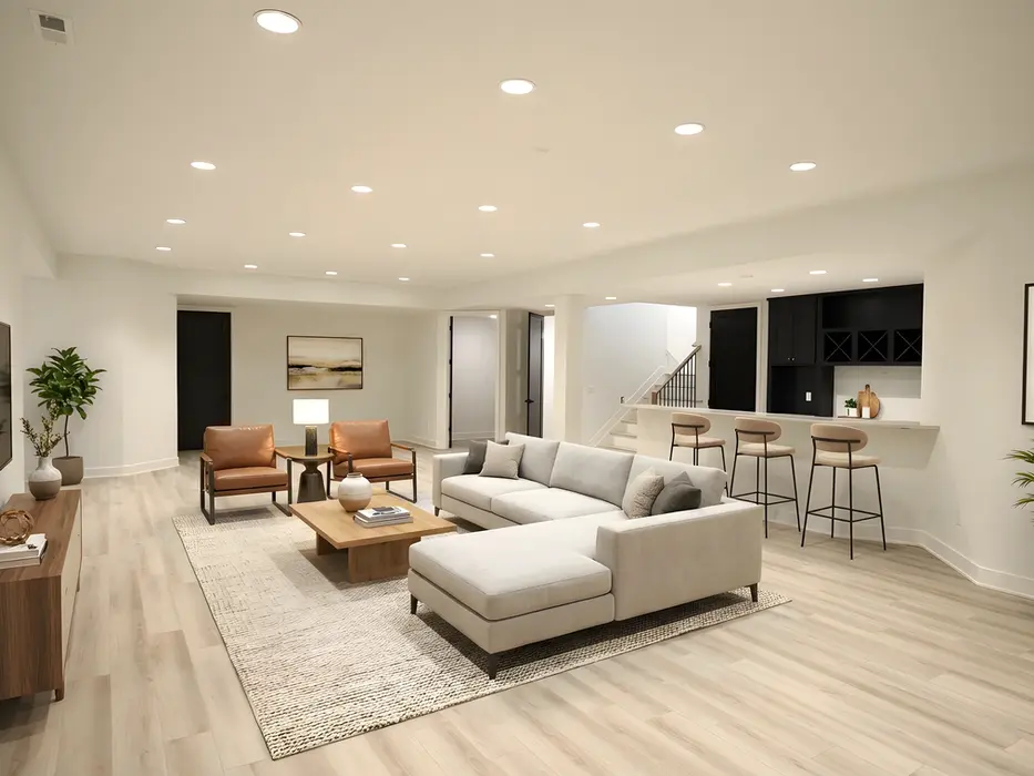Luxury finished basement in Indian Hill custom home featuring open living area, recessed lighting, wet bar with seating, and modern furnishings by Frazier Homes