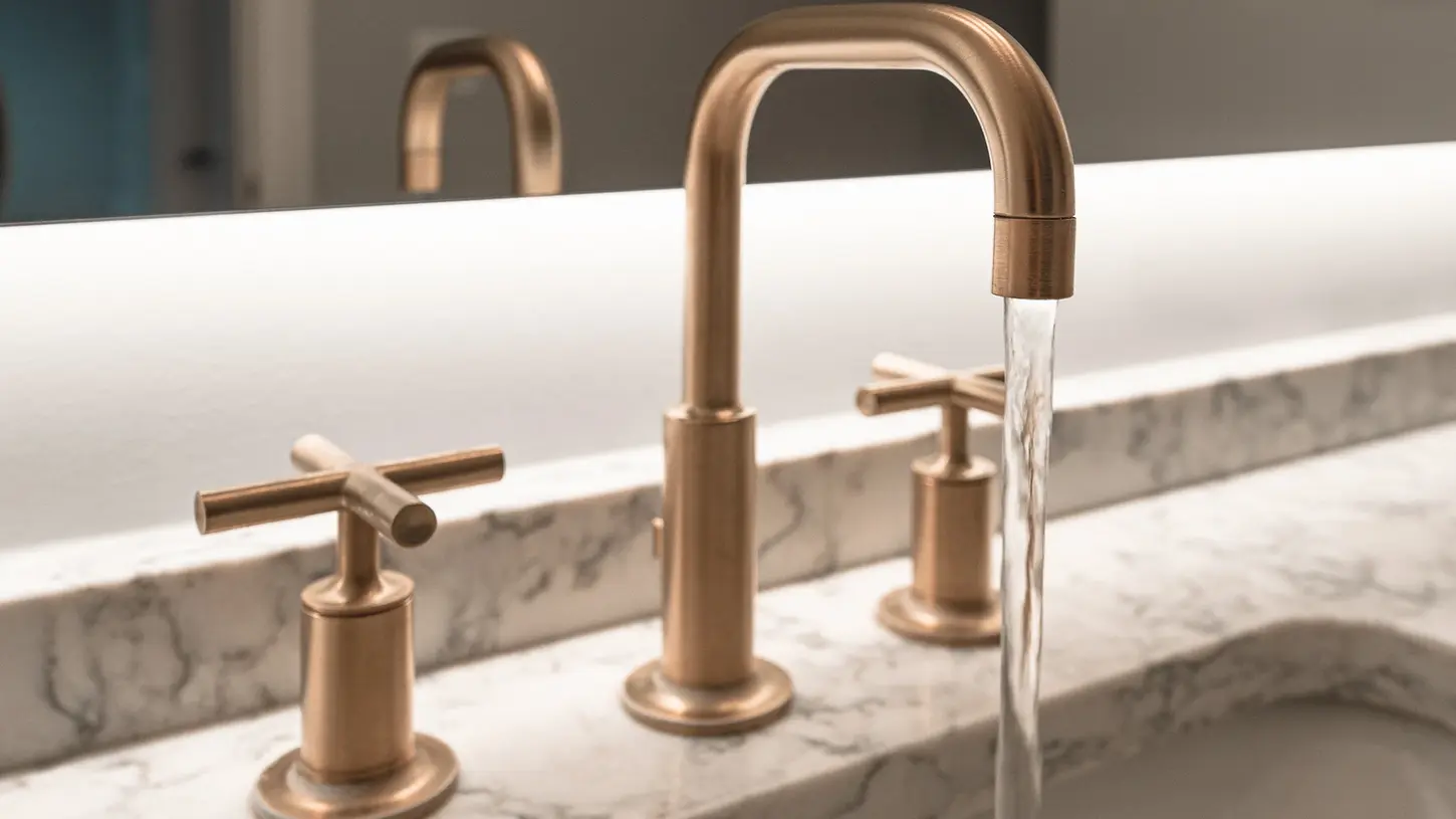 Brushed gold bathroom faucet with marble vanity in a luxury custom Lebanon Ohio home by Frazier Homes