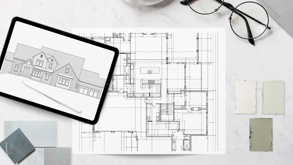 Custom home floor plan spread with architectural drawings, an iPad displaying a home elevation sketch, finish samples, and design tools used in the Frazier Homes planning process.