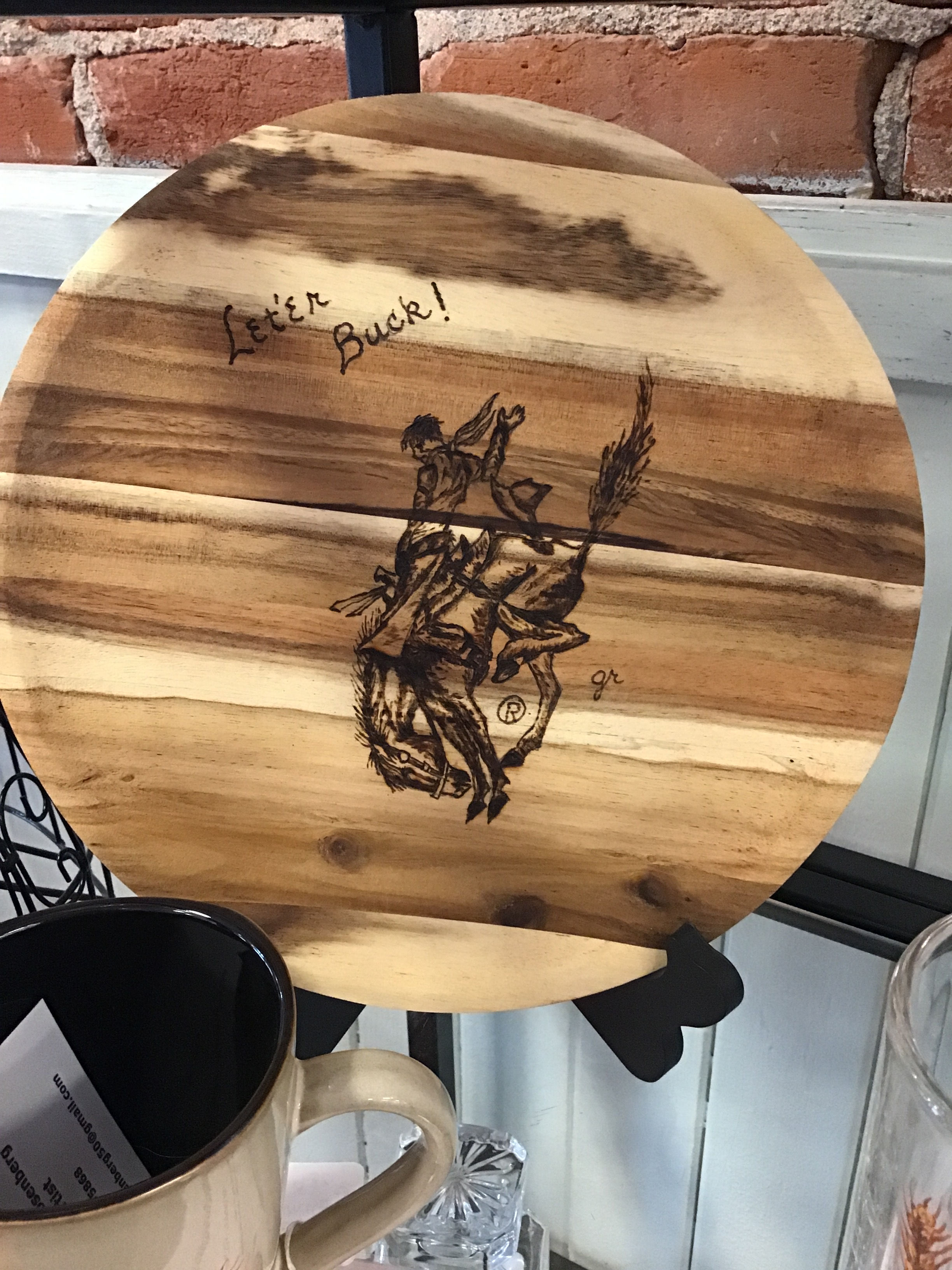 Let'er Buck Hand Burned Acacia Wood Charger