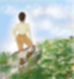 A cartoon of Emmy Noether standing on top of a mountain, looking out across a forest.