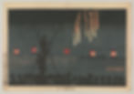 The painting is of a crowd of silhouettes watching orange sparks fall from the sky over a river. There is a row of red paper lanterns strung across the center of the painting. Two small children have climbed up a tree to get a better look at the fireworks display. The border of the painting is old, yellowed paper and descriptions are written in the margins in Japanese.