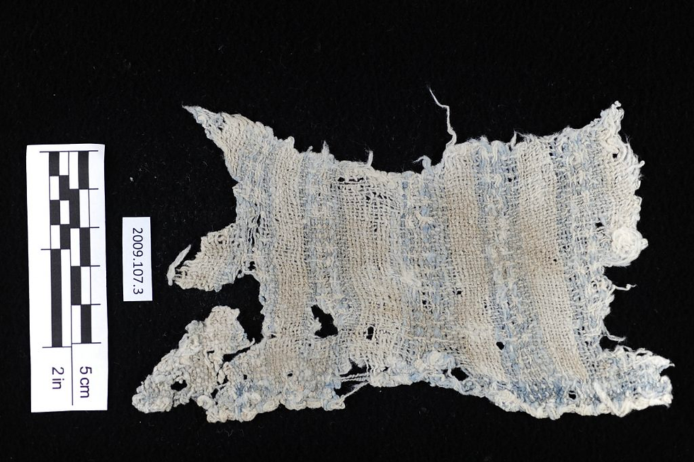 A ragged and faded piece of cloth is on a black background and has a scale bar placed next to it. The cloth is woven and has a pattern of alternating blue and white stripes. It is clearly a very old artifact, with frayed edges and holes throughout.