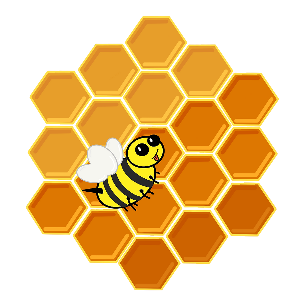 Cartoon of a bee sitting on top of a hexagonal honeycomb.