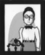 Cartoon style illustration of Emmy Noether standing with her hand on a chair in front of her.