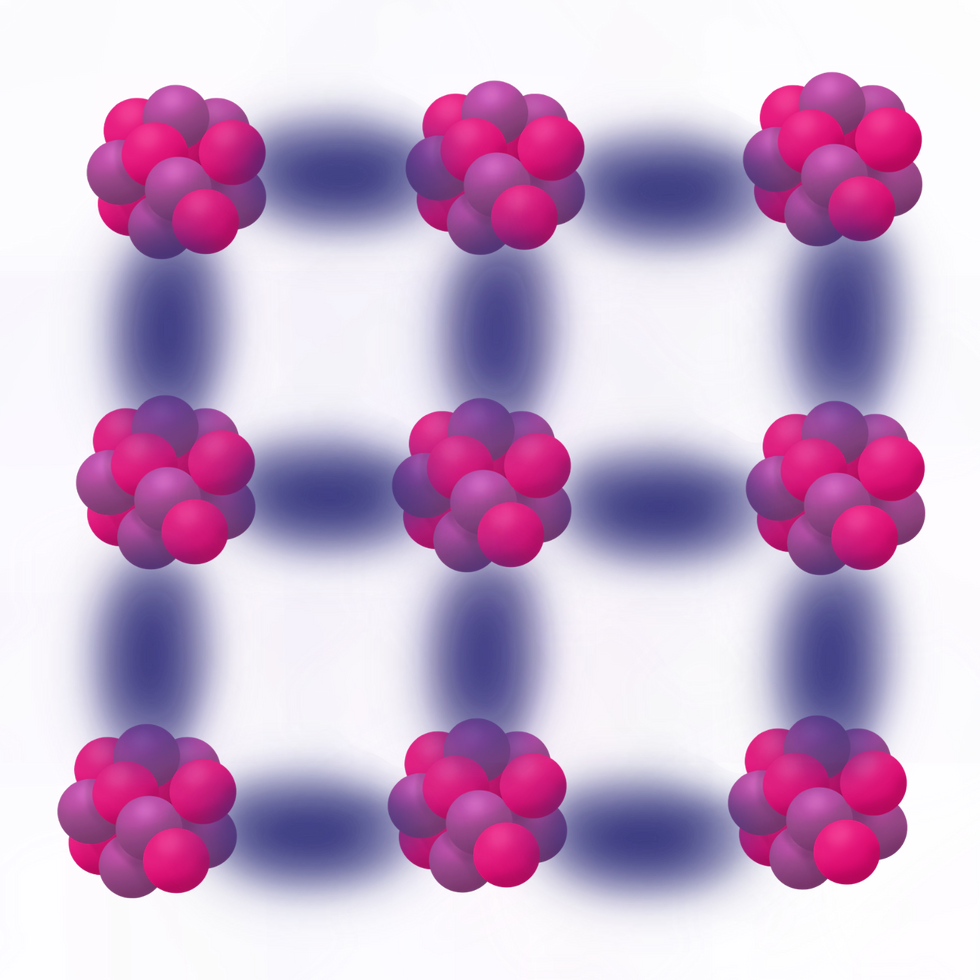 Cartoon of atoms joined in a square lattice structure.
