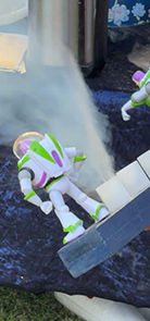 Buzz Lightyear toys in liquid nitrogen experiment at The Crazy Scientist party show.