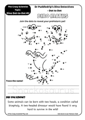 Dot-to-dot dinosaur worksheet featuring Snackosaurus, a fun two-headed dino kids can draw by connecting numbers and tracing letters.